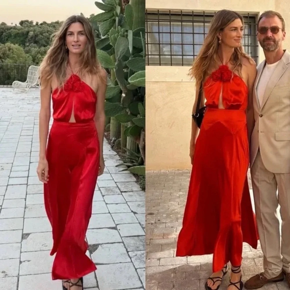 NWT Doen Lilaia Silk Rosette Rose Halter Maxi Dress Gown Fiery Coral Red - Picture 8 of 16